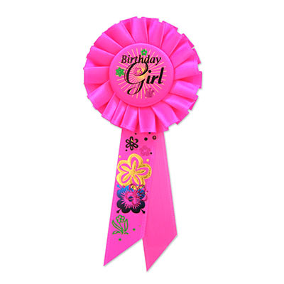 Birthday Girl Bright Pink Rosette with black lettering and multi colored flower designs 