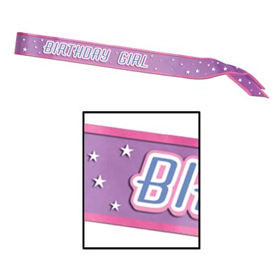 Purple edged in pink with white lettering Birthday Girl Satin Sash