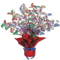 Metallic centerpiece with is bursting with multi-color "Happy Birthday" and weighted bottom.