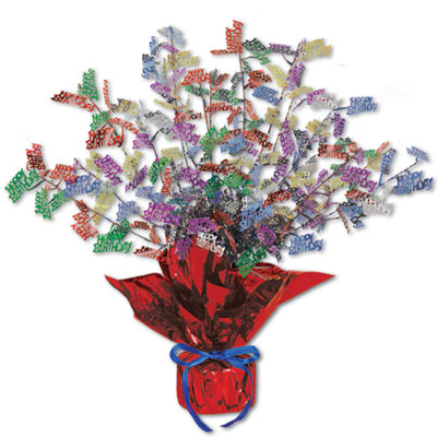 Metallic centerpiece with is bursting with multi-color "Happy Birthday" and weighted bottom.