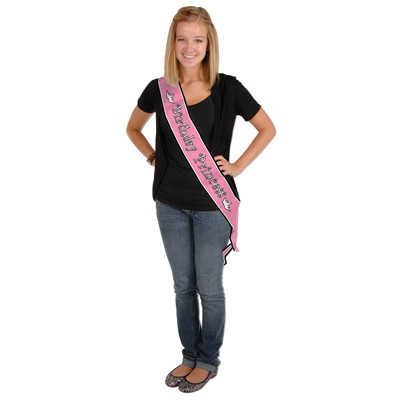 Birthday Princess Pink Satin Sash with White Lettering outlined in Black