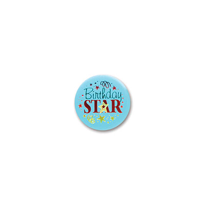 Birthday Star Satin Light Blue Button with red and blue lettering with swirl and star designs 