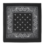 Traditional black bandana with white print.