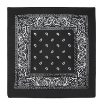 Traditional black bandana with white print.