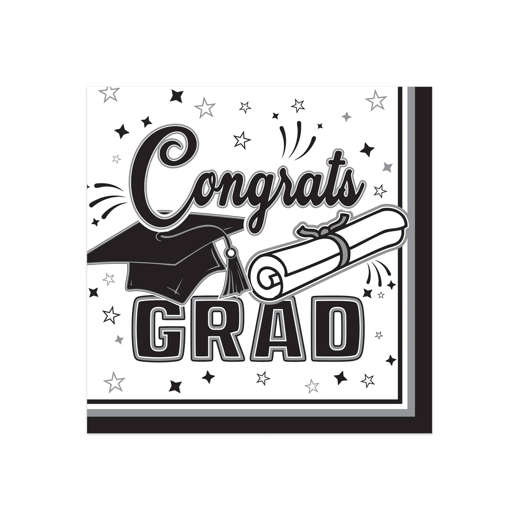 Black Congrats Grad Beverage Napkins (Pack of 432) black graduation napkins, congrats grad napkins, 2 ply beverage napkins, black party napkins, graduation tableware, quarter fold napkins, Party Express graduation supplies