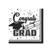Black Congrats Grad Beverage Napkins (Pack of 432) black graduation napkins, congrats grad napkins, 2 ply beverage napkins, black party napkins, graduation tableware, quarter fold napkins, Party Express graduation supplies