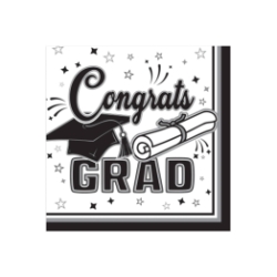 Black Congrats Grad Beverage Napkins (Pack of 432) black graduation napkins, congrats grad napkins, 2 ply beverage napkins, black party napkins, graduation tableware, quarter fold napkins, Party Express graduation supplies