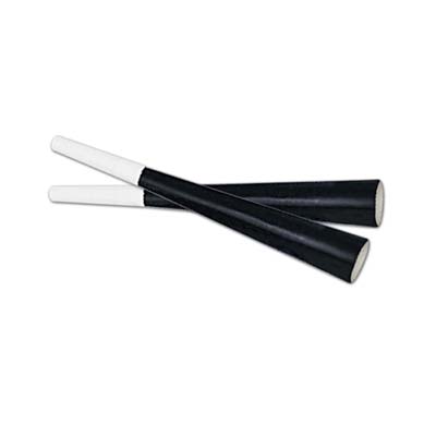 Black foil party horns with white plastic mouth piece. 