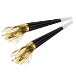 Black foil party horns with gold metallic tassels and white mouth piece. 