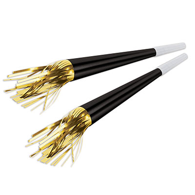 Black foil party horns with gold metallic tassels and white mouth piece. 