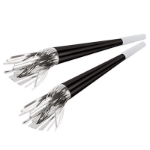 Black foil party horns with silver metallic tassels and white mouth piece. 