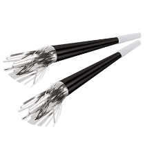 Black foil party horns with silver metallic tassels and white mouth piece. 