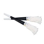 Black foil party horns with white tassels and plastic mouth piece. 