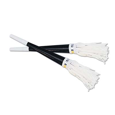Black foil party horns with white tassels and plastic mouth piece. 