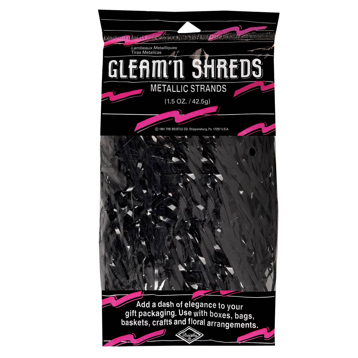 Black Gleam N Shreds Metallic Strands (Pack of 12) black metallic shreds, black basket filler, gleam n shreds black, metallic strands décor, gift basket filler black, party décor shreds, black centerpiece accents, Party Express metallic shreds