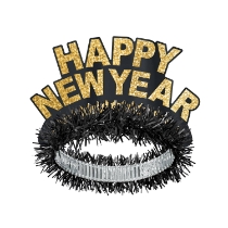 Black fringed tiara with gold and black Happy New Year and gold glitter accents.
