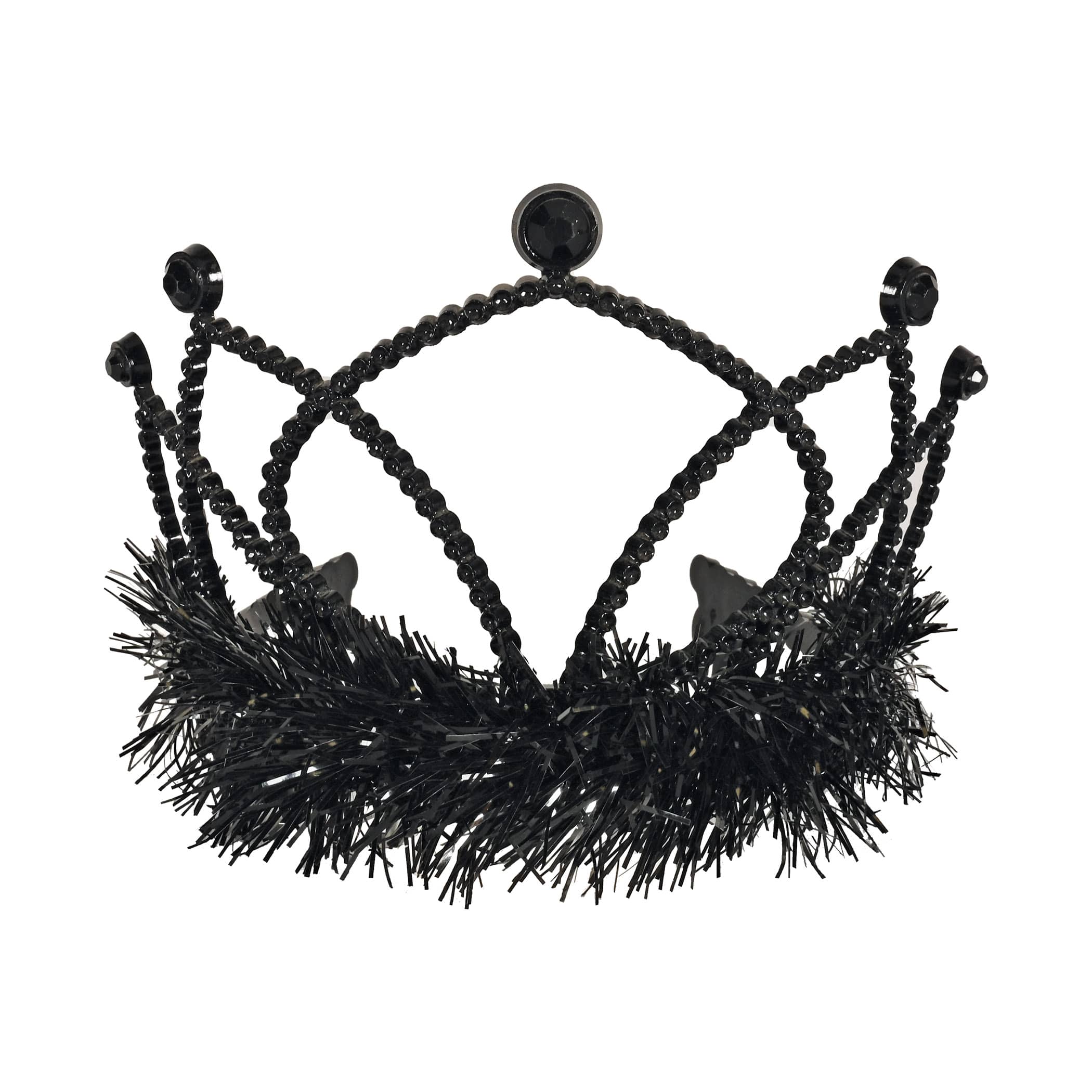 Black Plastic Fringed Tiara (Pack of 12) black plastic tiara, black tiara party favors, tinsel fringe tiara, combs attached tiara, costume tiara, birthday tiara, kids party accessories, bulk tiaras, black party decorations, Party Express tiaras