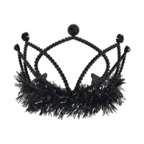 Black Plastic Fringed Tiara (Pack of 12) black plastic tiara, black tiara party favors, tinsel fringe tiara, combs attached tiara, costume tiara, birthday tiara, kids party accessories, bulk tiaras, black party decorations, Party Express tiaras