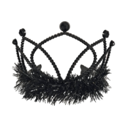 Black Plastic Fringed Tiara (Pack of 12) black plastic tiara, black tiara party favors, tinsel fringe tiara, combs attached tiara, costume tiara, birthday tiara, kids party accessories, bulk tiaras, black party decorations, Party Express tiaras
