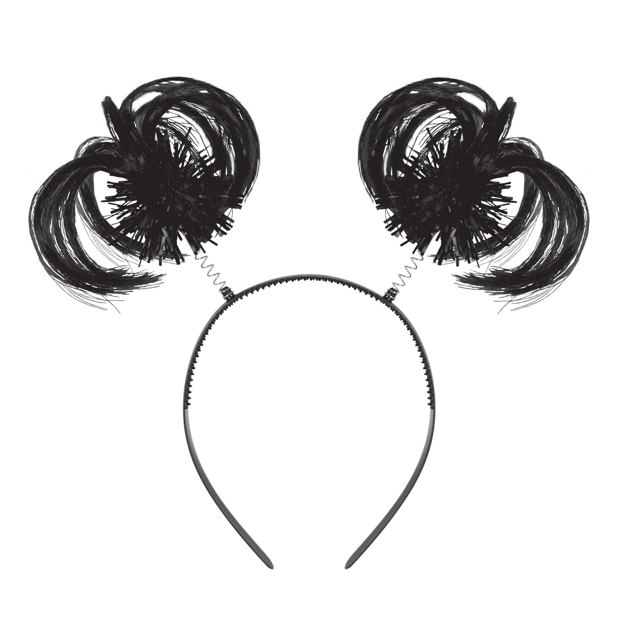 Black Ponytail Boppers (Pack of 12) black ponytail boppers, synthetic hair boppers, metallic fringe boppers, snap-on headband boppers, party headbands, spirit day accessories, cheer accessories, black costume accessories, bulk party favors, Party Express boppers