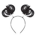 Black Ponytail Boppers (Pack of 12) black ponytail boppers, synthetic hair boppers, metallic fringe boppers, snap-on headband boppers, party headbands, spirit day accessories, cheer accessories, black costume accessories, bulk party favors, Party Express boppers