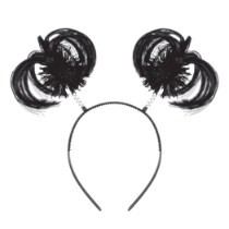 Black Ponytail Boppers (Pack of 12) black ponytail boppers, synthetic hair boppers, metallic fringe boppers, snap-on headband boppers, party headbands, spirit day accessories, cheer accessories, black costume accessories, bulk party favors, Party Express boppers