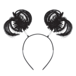 Black Ponytail Boppers (Pack of 12) black ponytail boppers, synthetic hair boppers, metallic fringe boppers, snap-on headband boppers, party headbands, spirit day accessories, cheer accessories, black costume accessories, bulk party favors, Party Express boppers