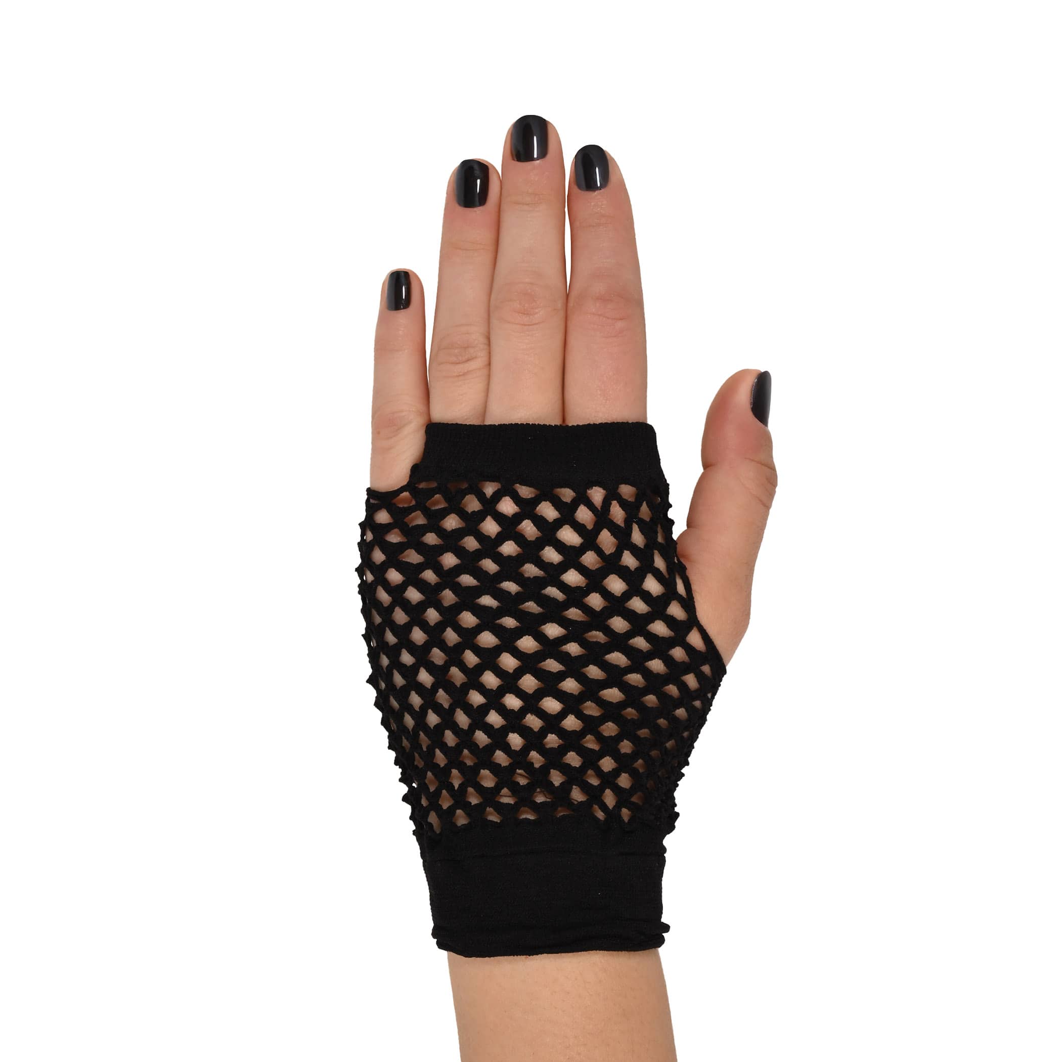 Black Short Fishnet Gloves (Pack of 12 Pairs) black fishnet gloves, short fishnet gloves, 4 inch gloves, polyester fishnet gloves, 80s costume accessories, retro gloves, dance gloves, one size fits most gloves, Party Express gloves, pack of 12 gloves