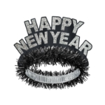 Tiara with black finge and black and silver Happy New Year with silver glitter accent.