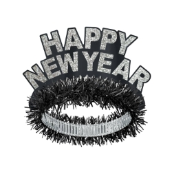 Tiara with black finge and black and silver Happy New Year with silver glitter accent.