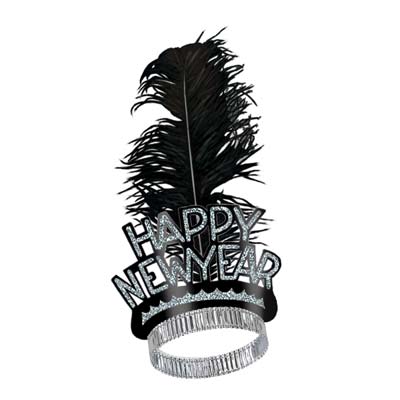 Tiara with black and silver Happy New Year and a black plume.