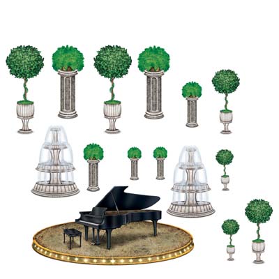 Black-Tie Piano & Decor Props including a piano, fountains and plants on thin plastic material.