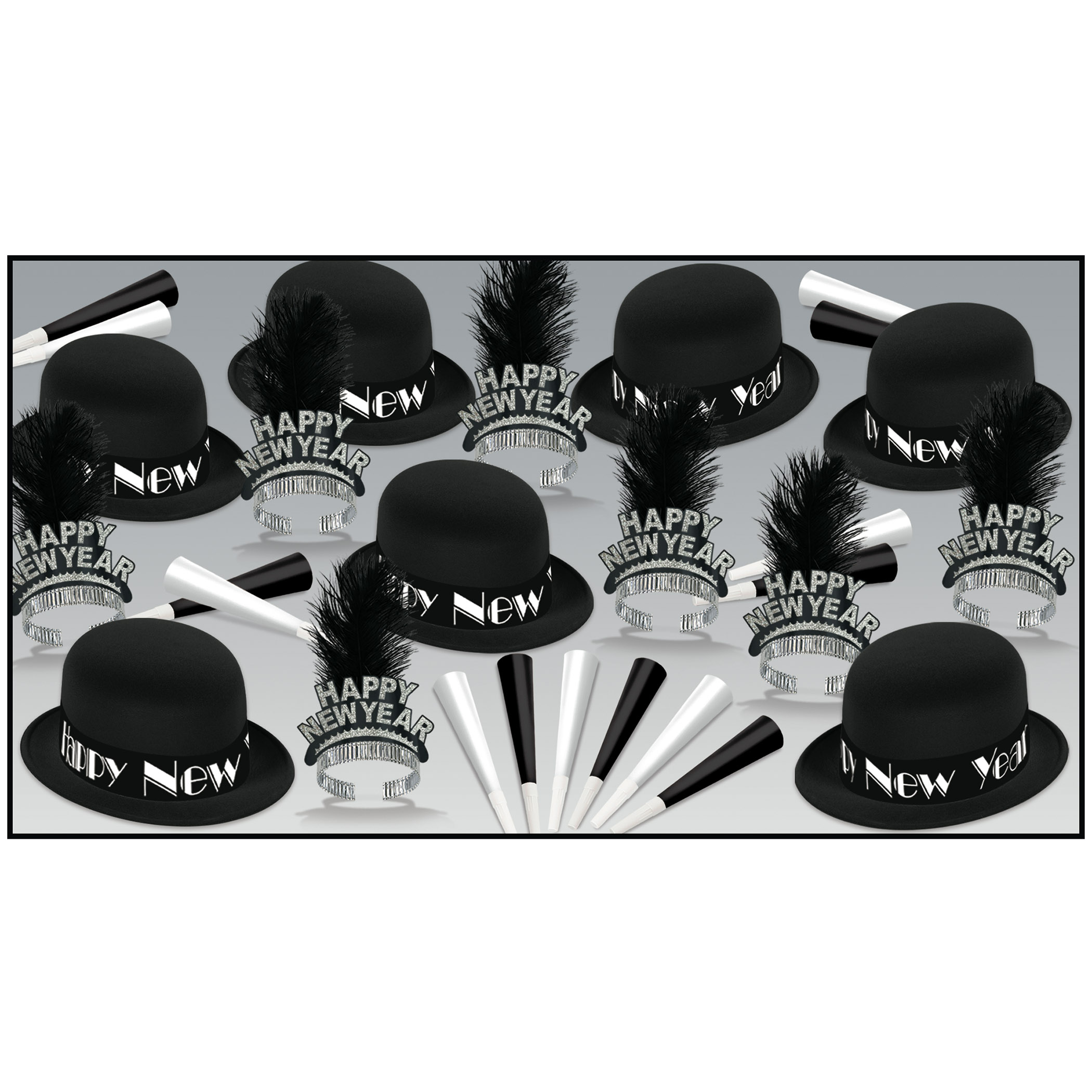 party kit with bowler hats with a new year band, happy new year tiaras with a feather, black and white horns