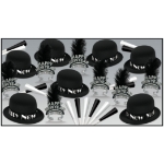 party kit with bowler hats with a new year band, happy new year tiaras with a feather, black and white horns