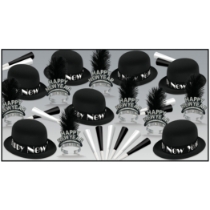 party kit with bowler hats with a new year band, happy new year tiaras with a feather, black and white horns