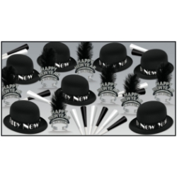 party kit with bowler hats with a new year band, happy new year tiaras with a feather, black and white horns