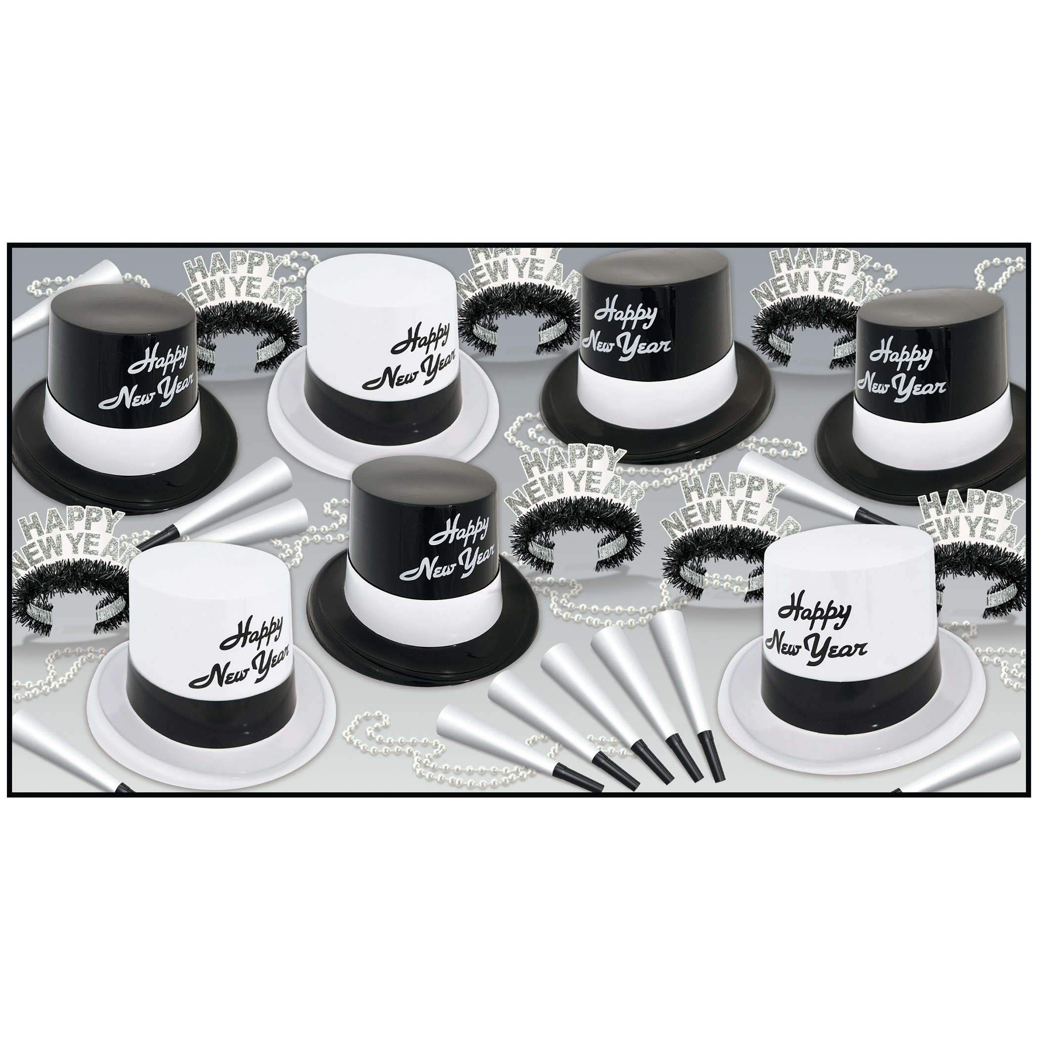 black and white new years eve party pack with plastic top hats, fringed tiaras, and noisemakers