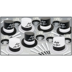 black and white new years eve party pack with plastic top hats, fringed tiaras, and noisemakers