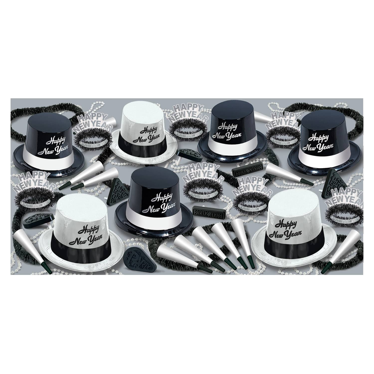 black and white new years eve party pack with plastic top hats, fringed tiaras, and noisemakers