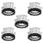 Black fringed tiara with white and silver Happy New Year and silver glitter accents.