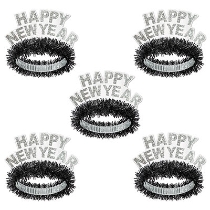 Black fringed tiara with white and silver Happy New Year and silver glitter accents.