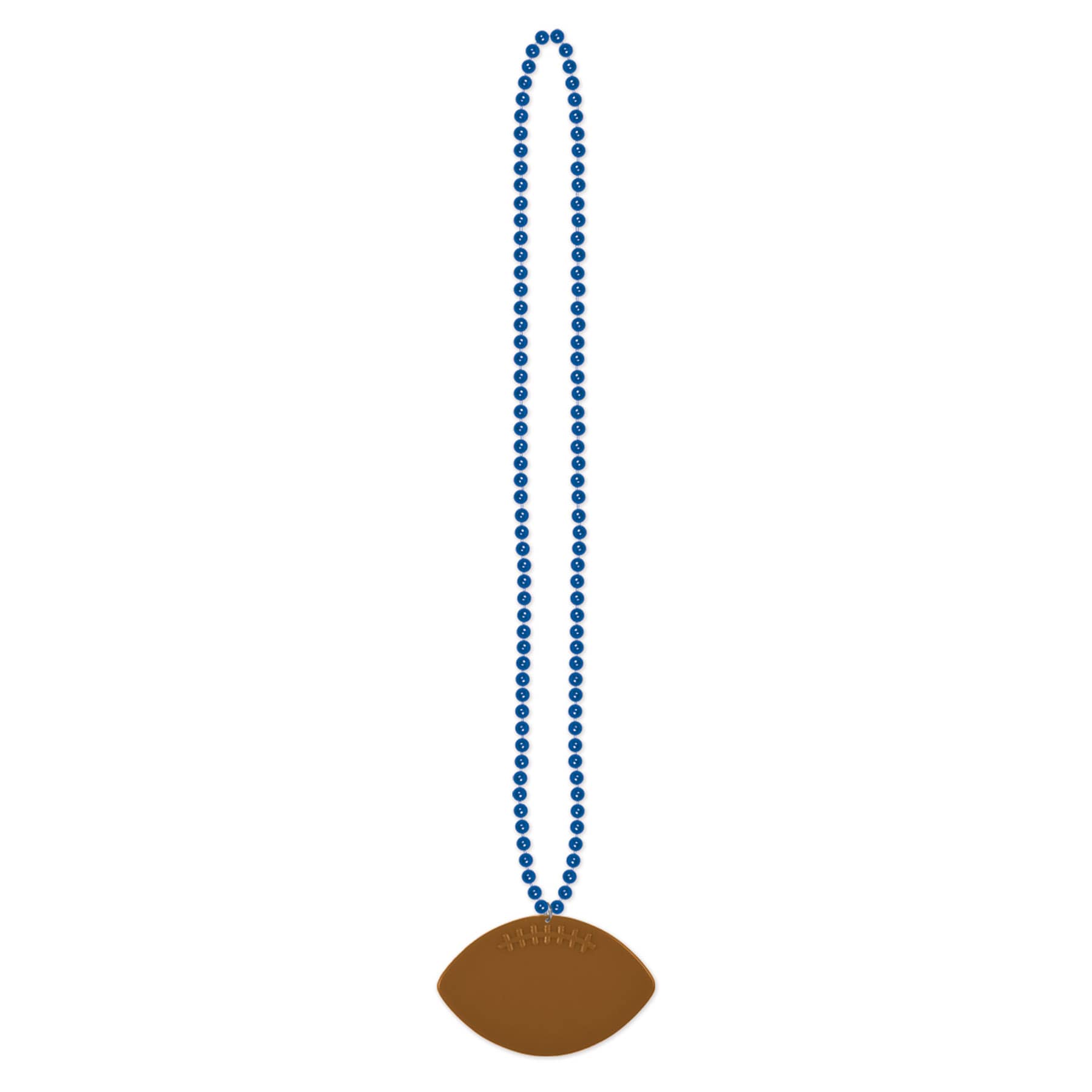 Blue small round beads with football medallion attached.