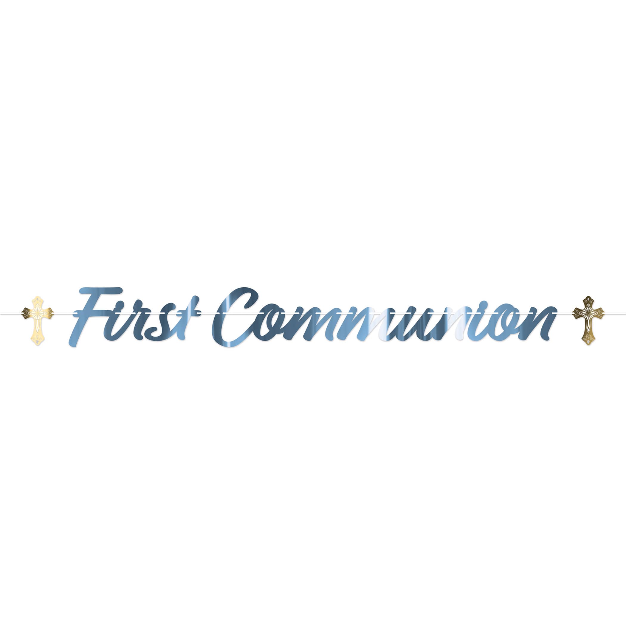Blue Foil First Communion Streamer (Pack of 12) first communion streamer, blue communion décor, silver foil religious banner, gold cross decorations, communion party supplies, religious streamer pack
