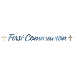 Blue Foil First Communion Streamer (Pack of 12) first communion streamer, blue communion décor, silver foil religious banner, gold cross decorations, communion party supplies, religious streamer pack