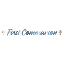 Blue Foil First Communion Streamer (Pack of 12) first communion streamer, blue communion décor, silver foil religious banner, gold cross decorations, communion party supplies, religious streamer pack