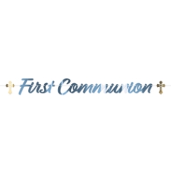 Blue Foil First Communion Streamer (Pack of 12) first communion streamer, blue communion décor, silver foil religious banner, gold cross decorations, communion party supplies, religious streamer pack