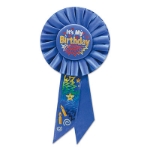 It's My Birthday Blue Rosette with gold and silver lettering and multi colors of designs 