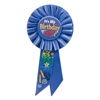 Its My Birthday Blue Rosette with gold and silver lettering and multi colors of designs 