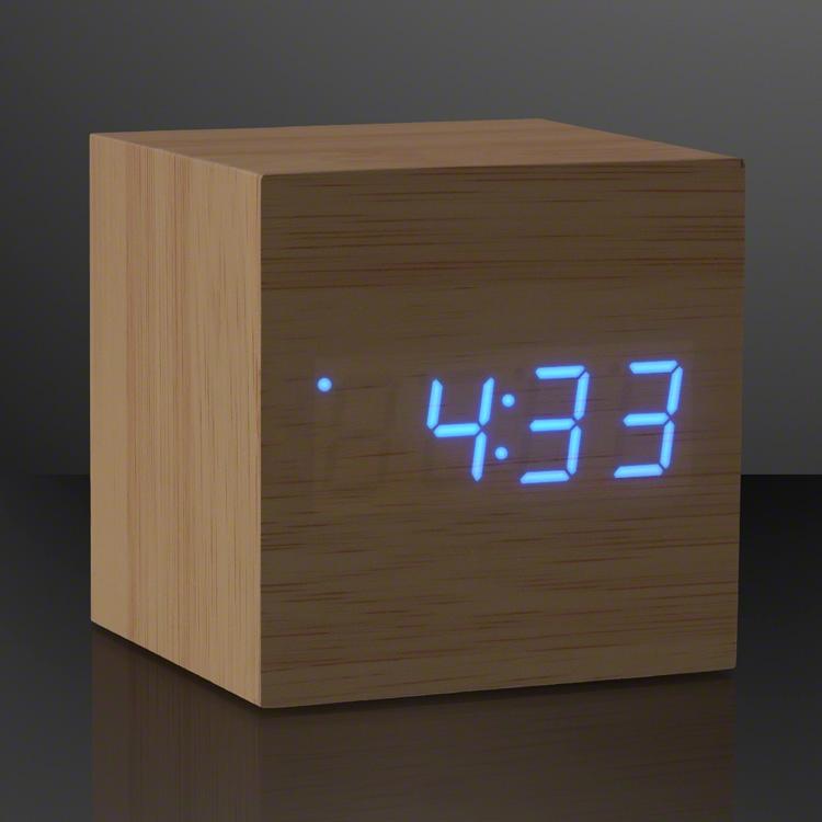 Blue LED Cube Alarm Clock with USB (Pack of 10) blue LED cube clock, USB alarm clock, LED wooden clock, digital cube clock, light up alarm clock, USB powered clock, battery powered LED clock, modern desk clock, Party Express LED clock, glowing blue alarm clock