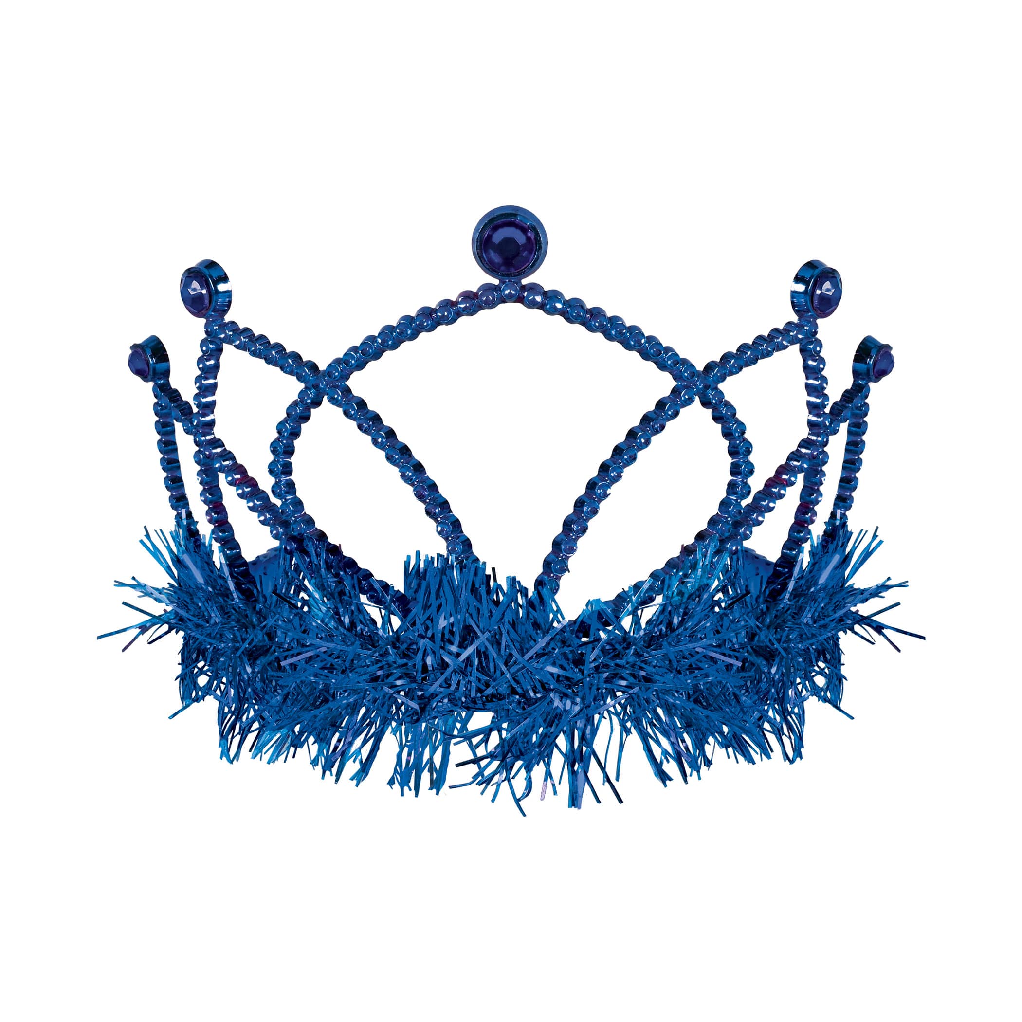 Blue Plastic Fringed Tiara (Pack of 12) blue plastic tiara, blue tiara party favors, tinsel fringe tiara, combs attached tiara, costume tiara, birthday tiara, kids party accessories, bulk tiaras, blue party decorations, Party Express tiaras